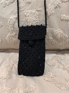 Black Beaded Crochet Mini Crossbody Bag - Unbranded